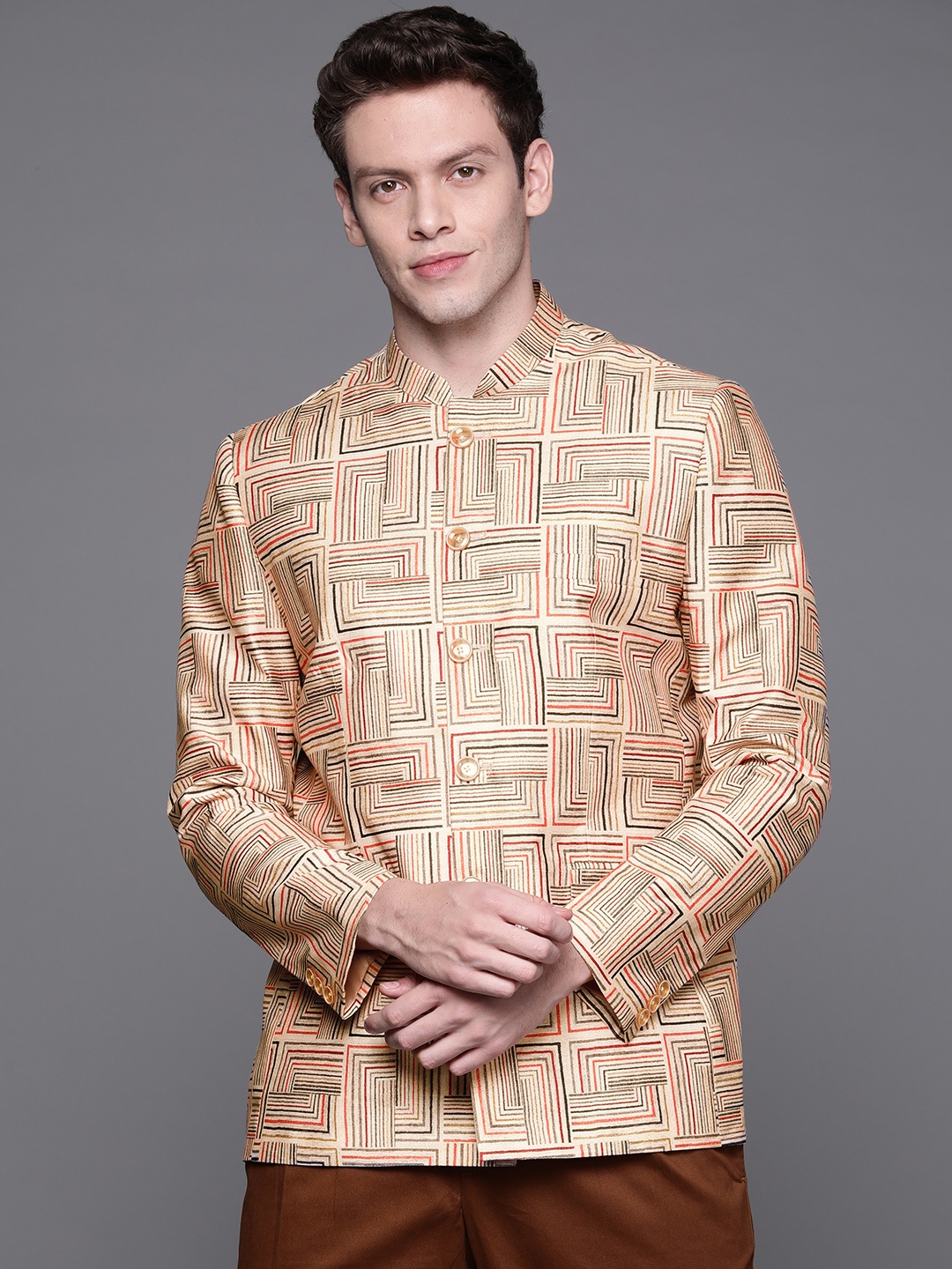 

DEYANN Men Cream Printed Bandhgala Blazer