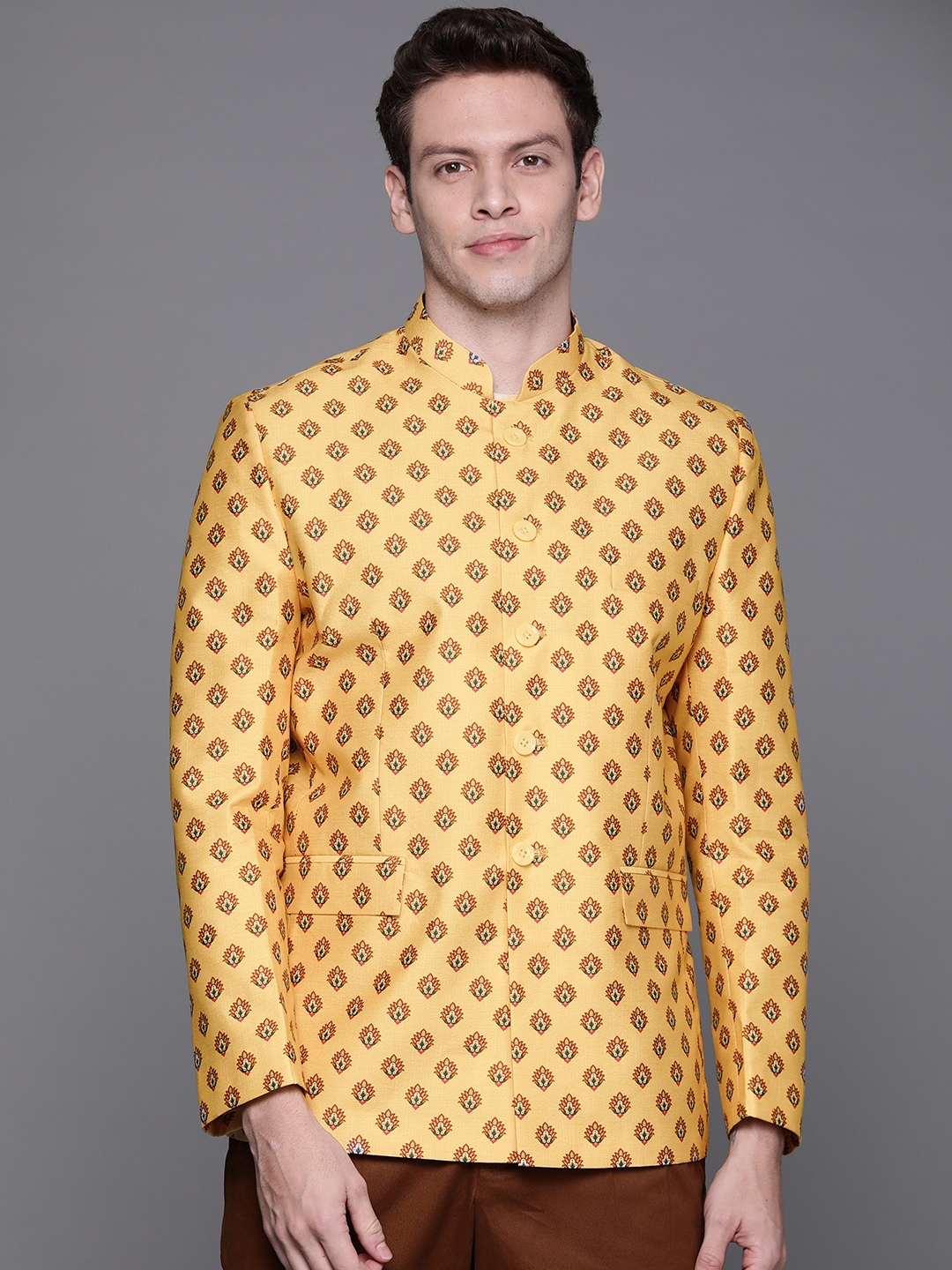 DEYANN Men Mustard Yellow Ethnic Motifs Printed Bandhgala Blazer