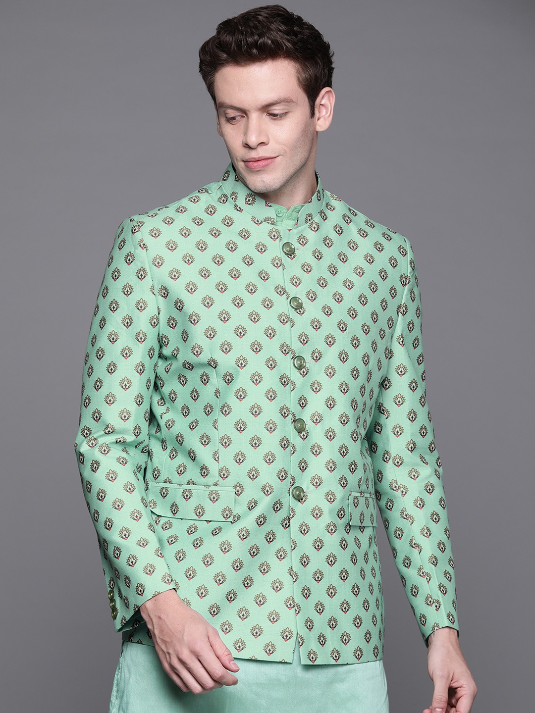 

DEYANN Men Green Ethnic Motifs Printed Bandhgala Blazer