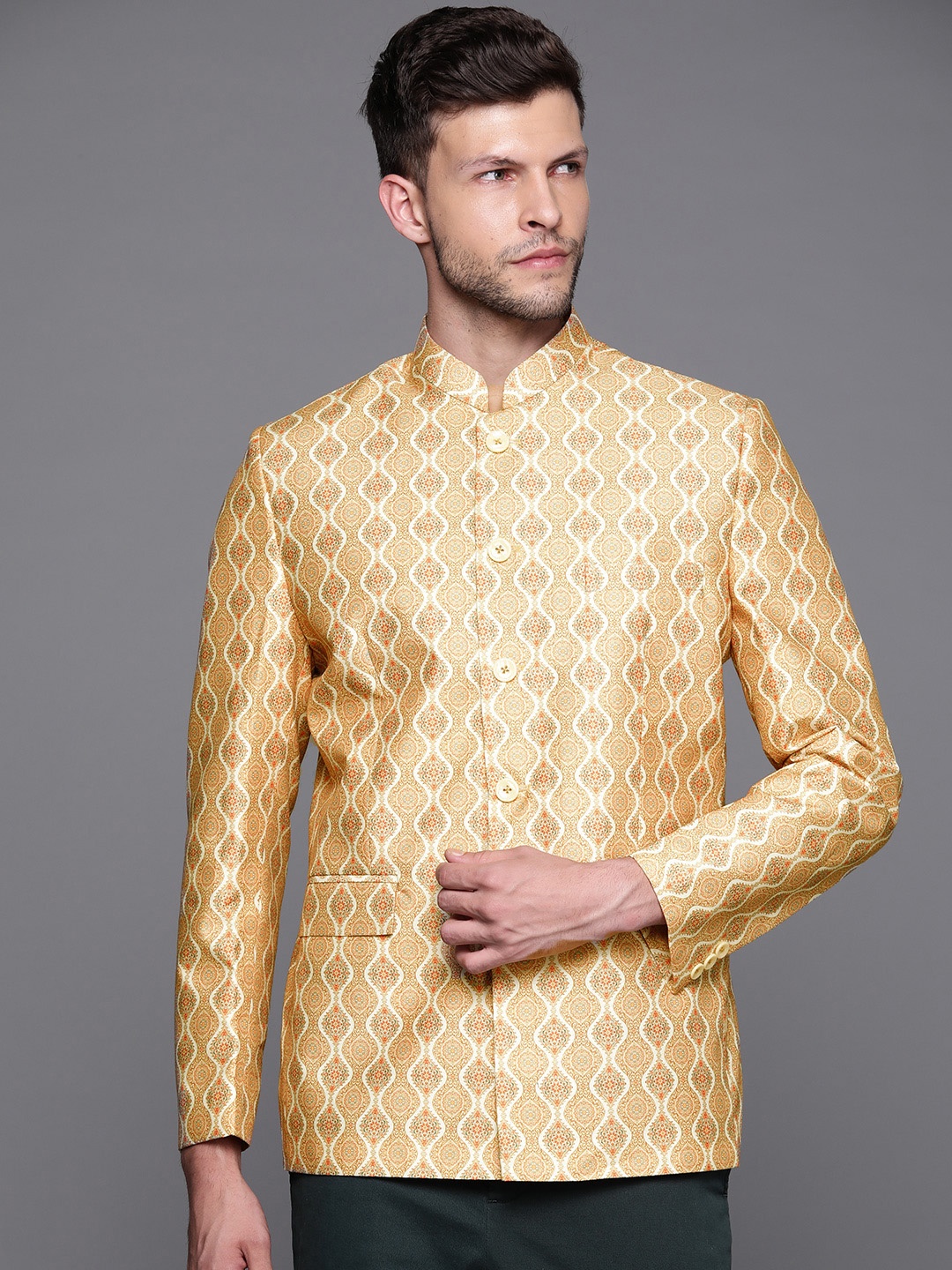 

DEYANN Men Mustard Yellow Ethnic Motifs Printed Bandhgala