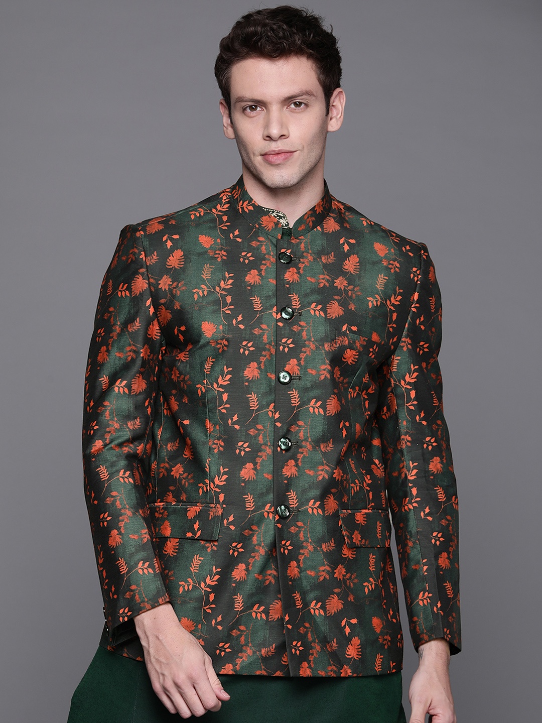 

DEYANN Men Orange & Teal Green Printed Bandhgala Blazer
