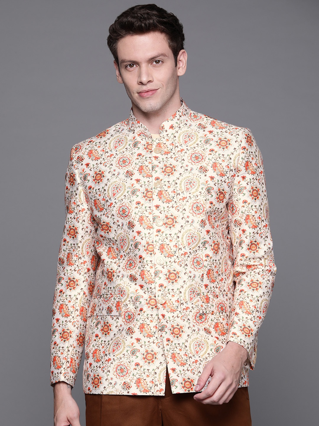 

DEYANN Men Orange & Off White Ethnic Motifs Printed Bandhgala Blazer