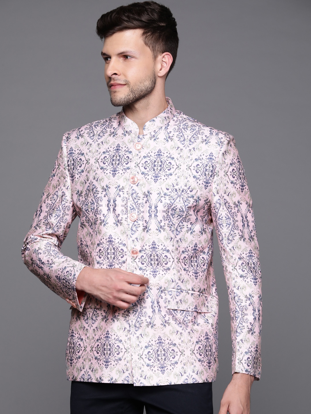 

DEYANN Men Coral Pink & Navy Blue Ethnic Motifs Printed Bandhgala Blazer