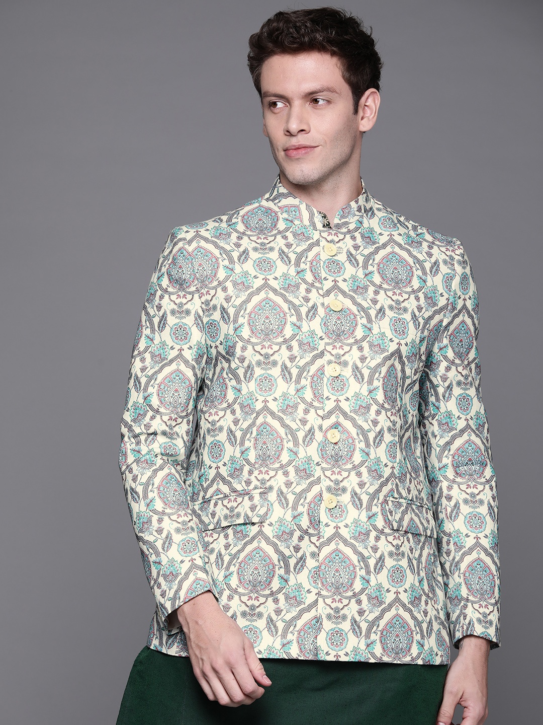 

DEYANN Men Cream & Turquoise Blue Ethnic Motifs Printed Bandhgala Blazer