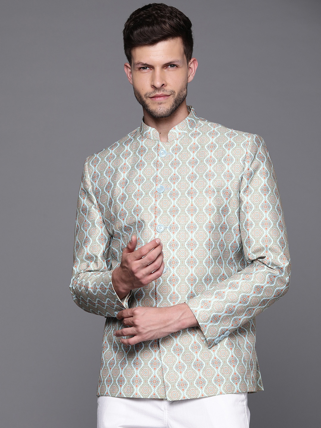 

DEYANN Men Turquoise Blue & Red Ethnic Motifs Printed Bandhgala Blazer