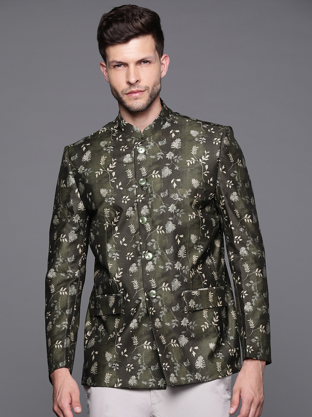 

DEYANN Men Grey & Black Printed Bandhgala Blazer