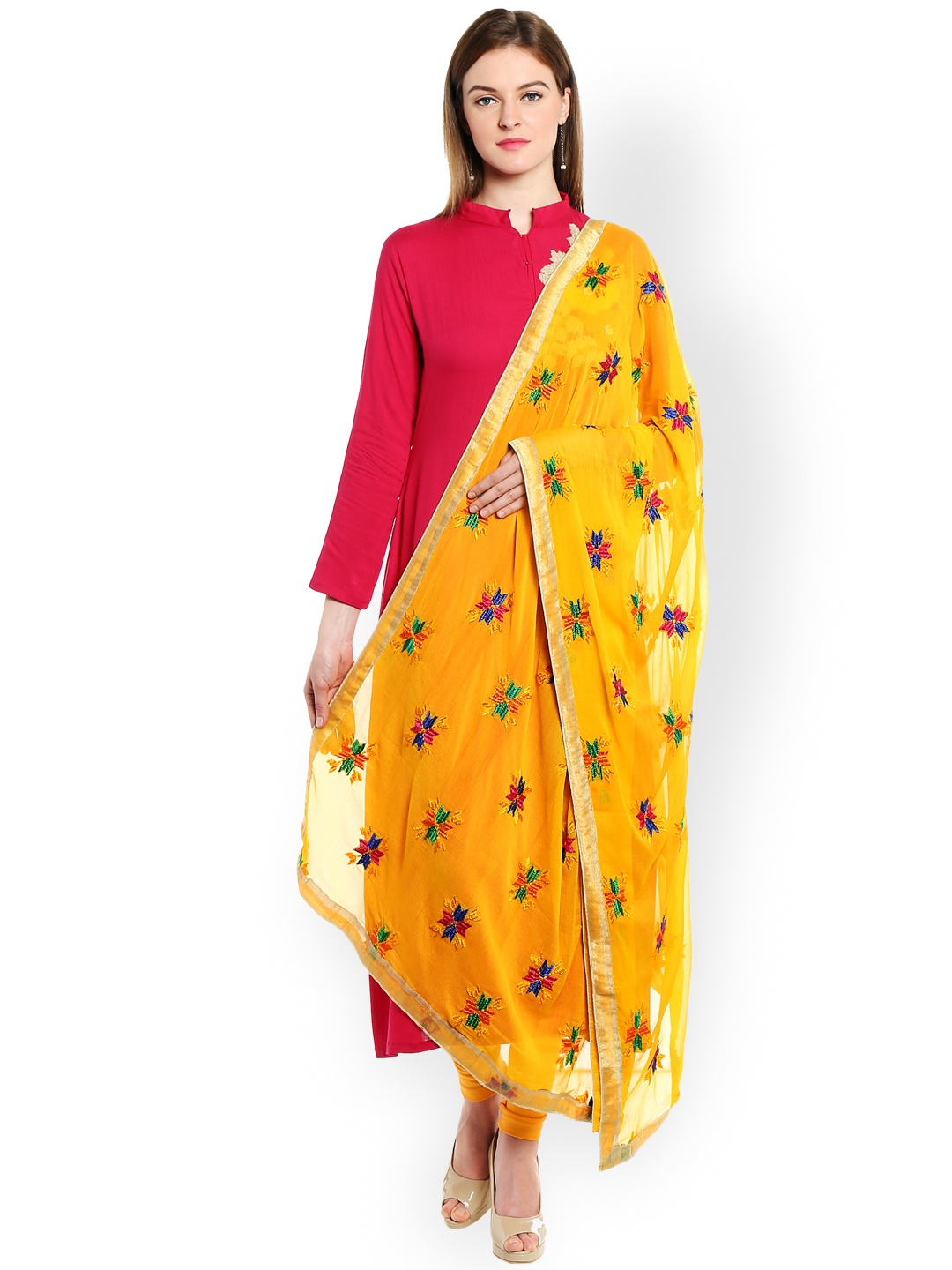 

Dupatta Bazaar Yellow Phulkari Hand-Embroidered Dupatta