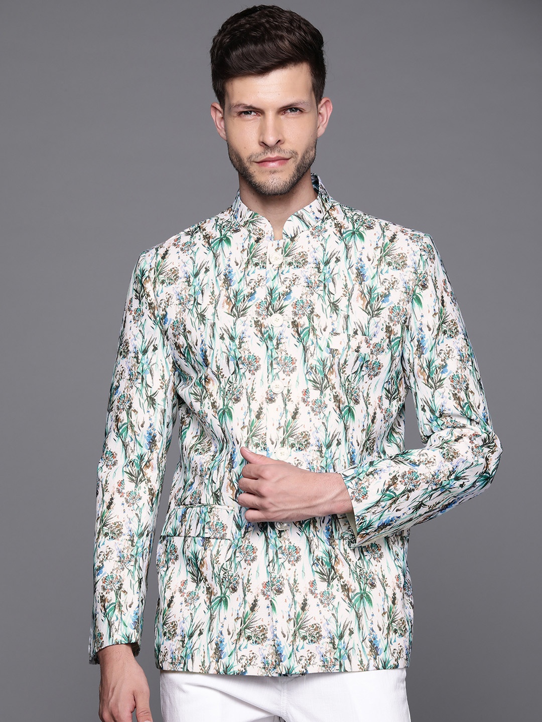 

DEYANN Men Teal Green & White Printed Bandhgala Blazer