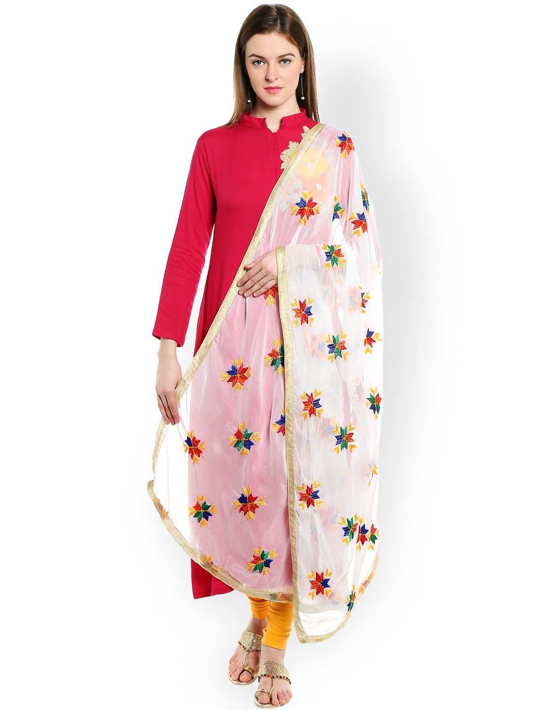 

Dupatta Bazaar White Phulkari Hand-Embroidered Dupatta