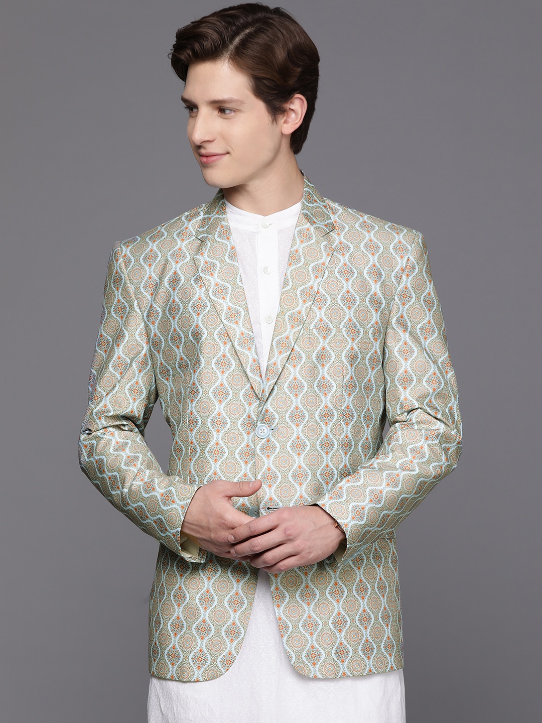 

DEYANN Men Blue & Green Printed Blazer