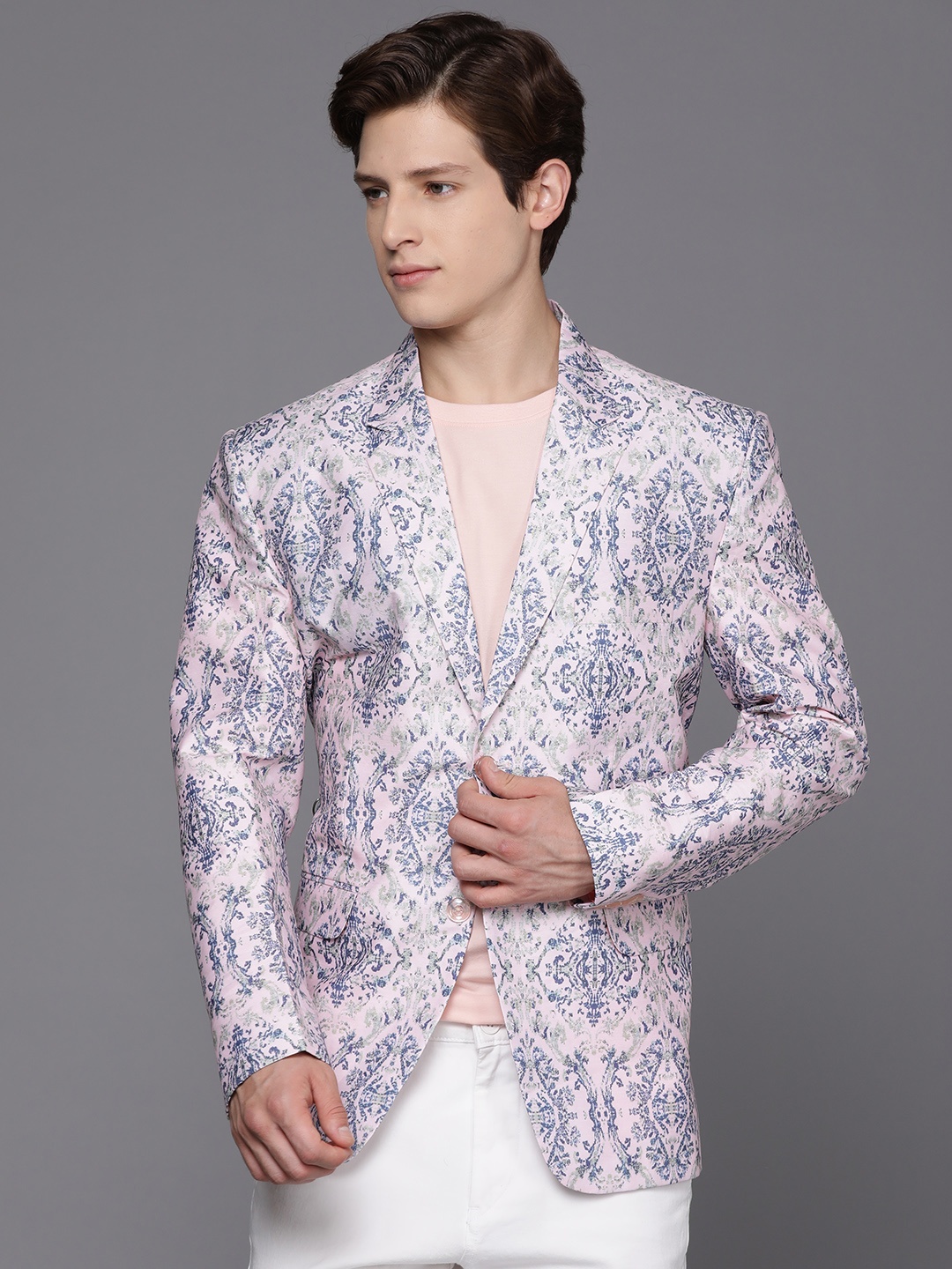 

DEYANN Men Pink & Navy Blue Printed Blazer