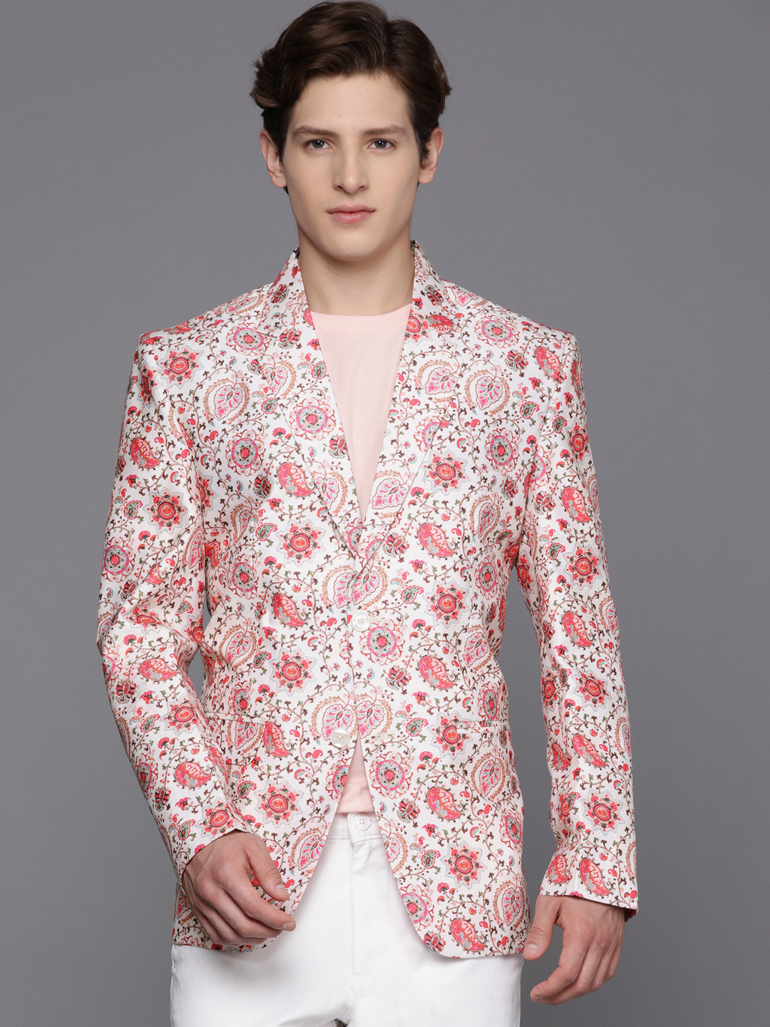 

DEYANN Men Coral Pink & White Printed Blazer