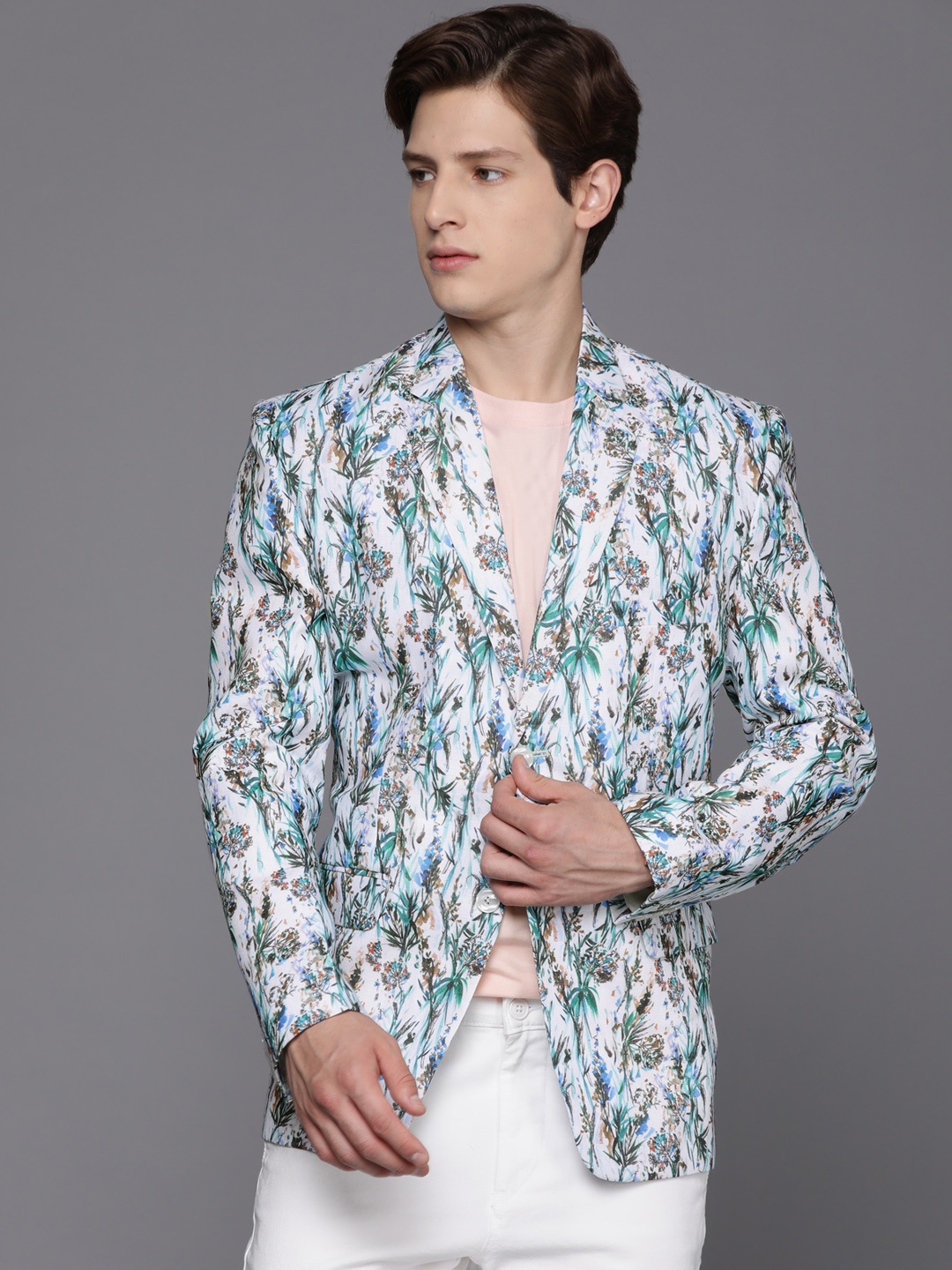 

DEYANN Men Green & White Printed Blazer