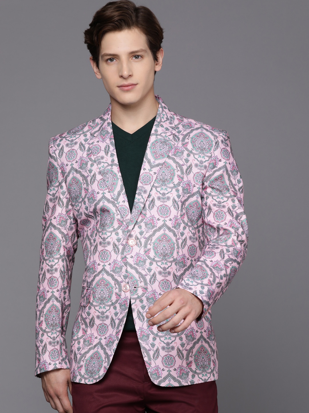 

DEYANN Men Pink & Green Printed Blazer
