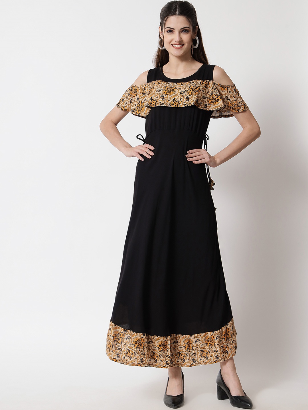 

Shopping Queen Women Black & Yellow Ethnic Motifs Printed Cold-Shoulder Sleeves Kurta