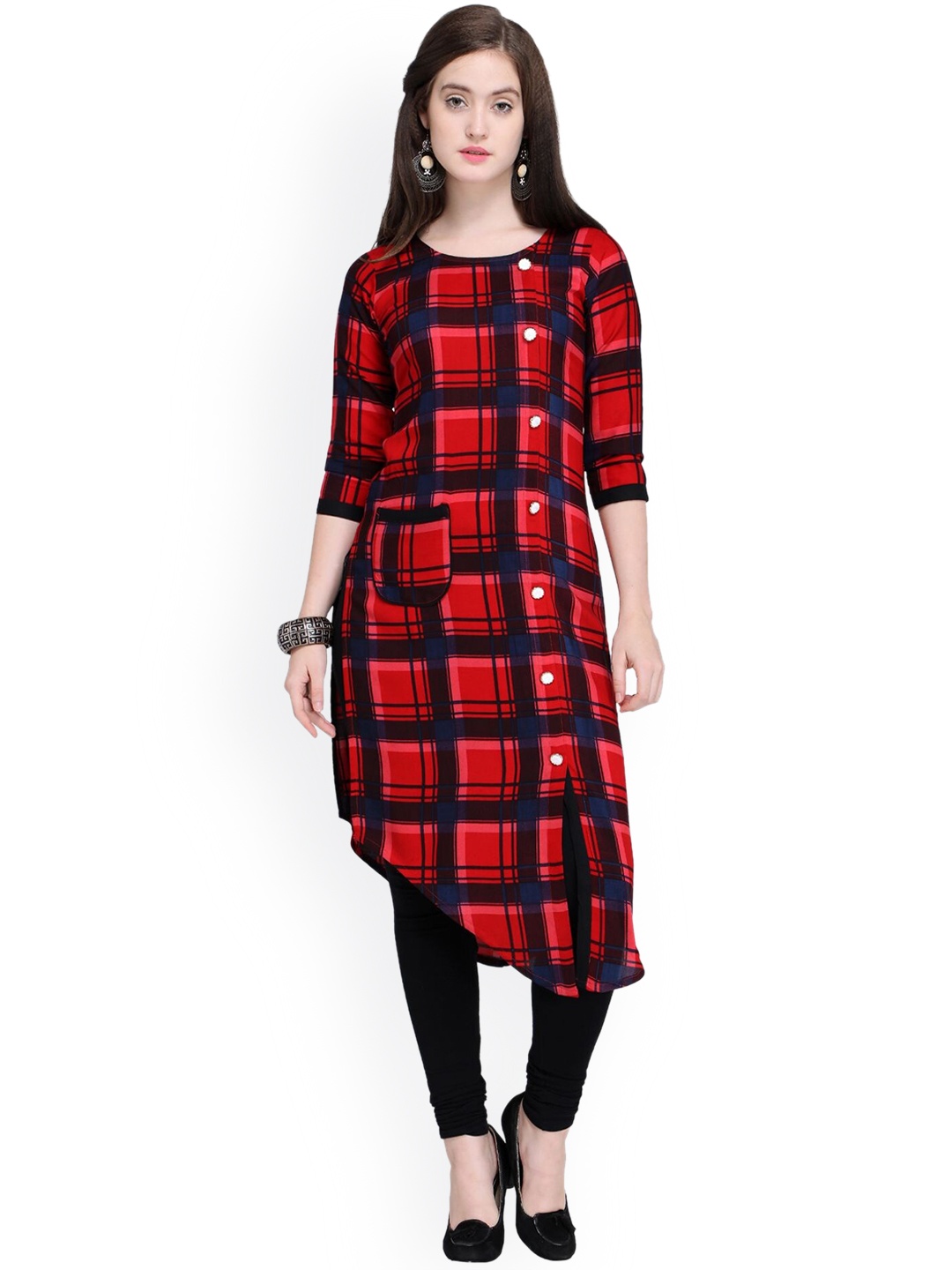 

Shopping Queen Women Red Checked Flared Sleeves Kurta