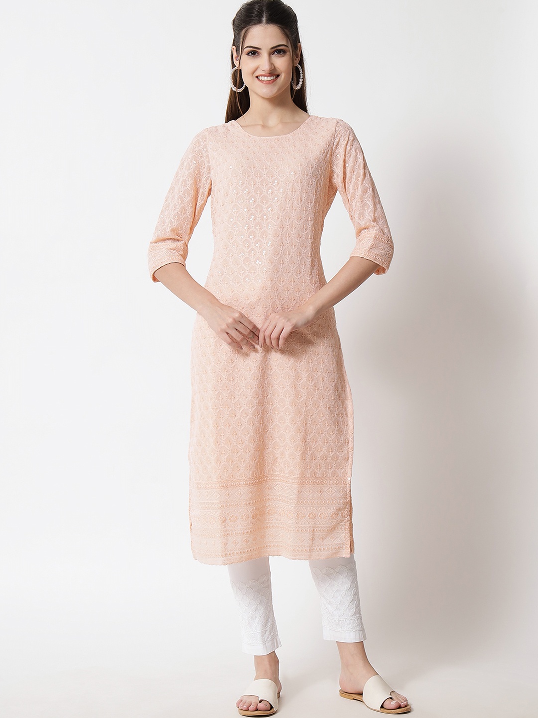 

Shopping Queen Women Orange Floral Embroidered Georgette Kurta