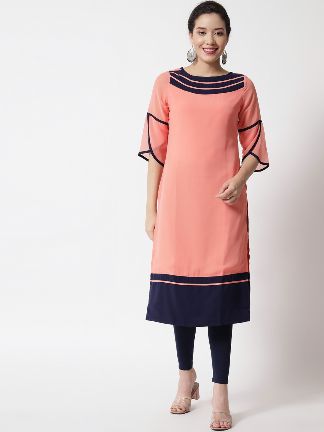 

Shopping Queen Women Peach-Coloured & Navy Blue Georgette Kurta
