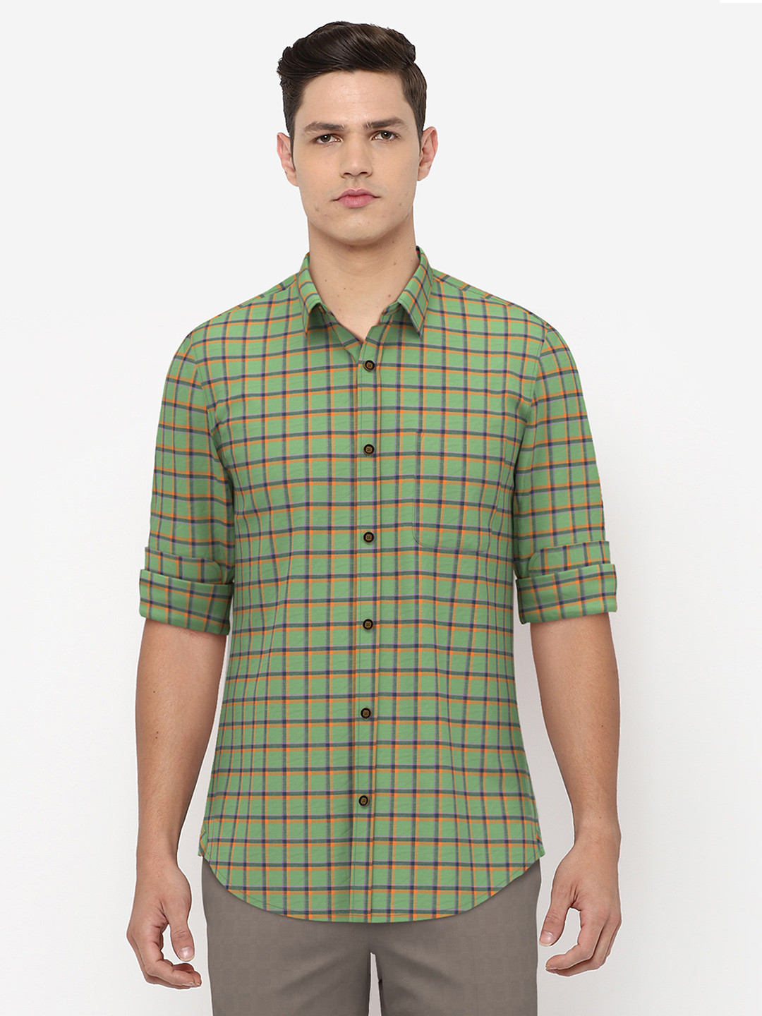 

Peter England Casuals Men Green Slim Fit Windowpane Checked Pure Cotton Casual Shirt
