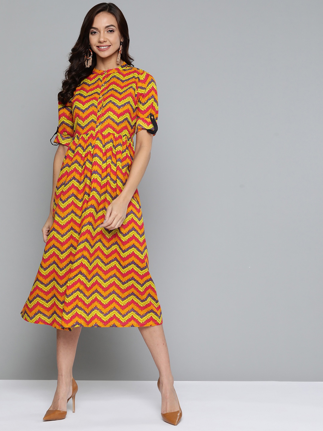 

HERE&NOW Green & Yellow A-Line Cotton Dress