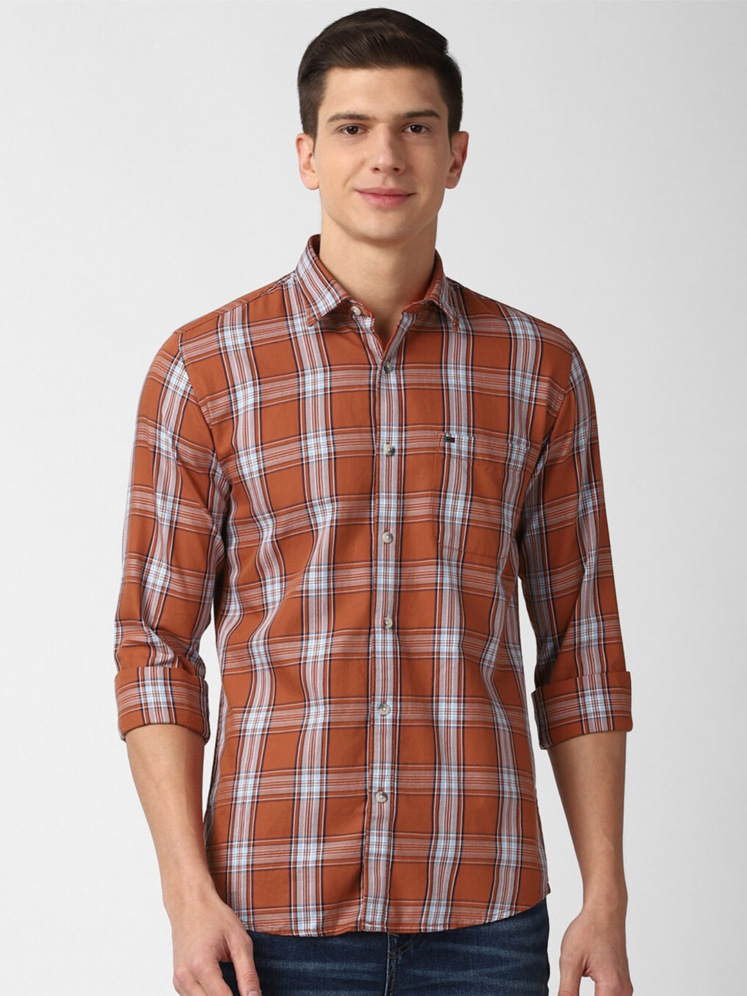 

Peter England Casuals Men Orange & White Slim Fit Checked Casual Shirt
