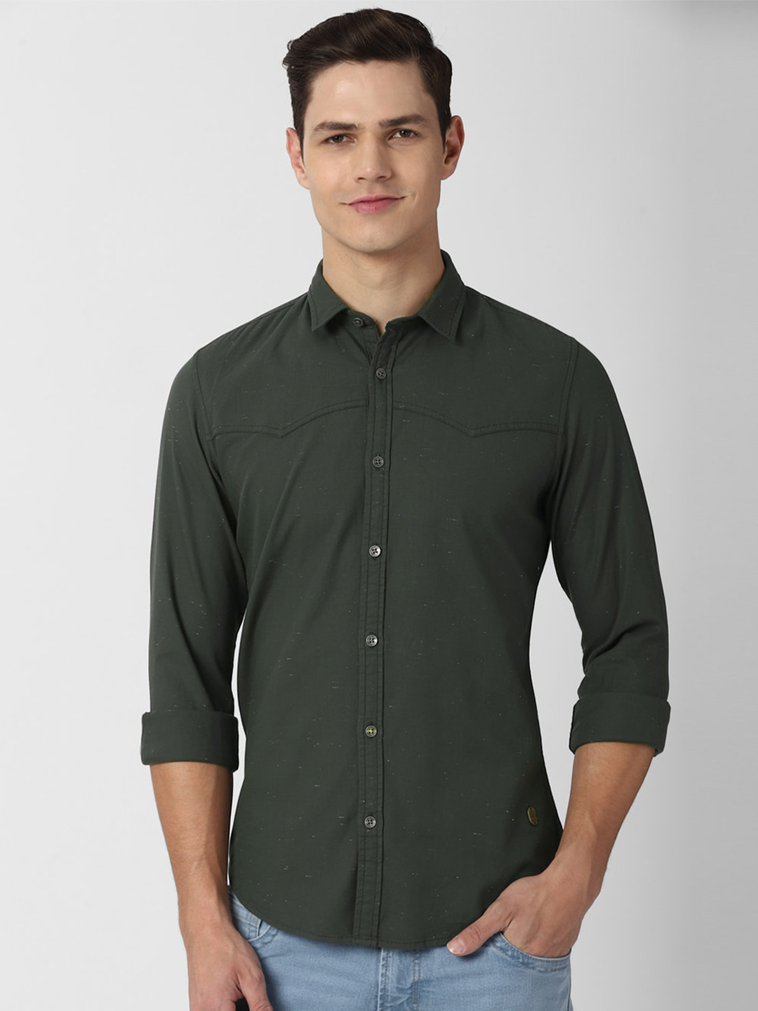 

Peter England Casuals Men Olive Green Slim Fit Casual Shirt