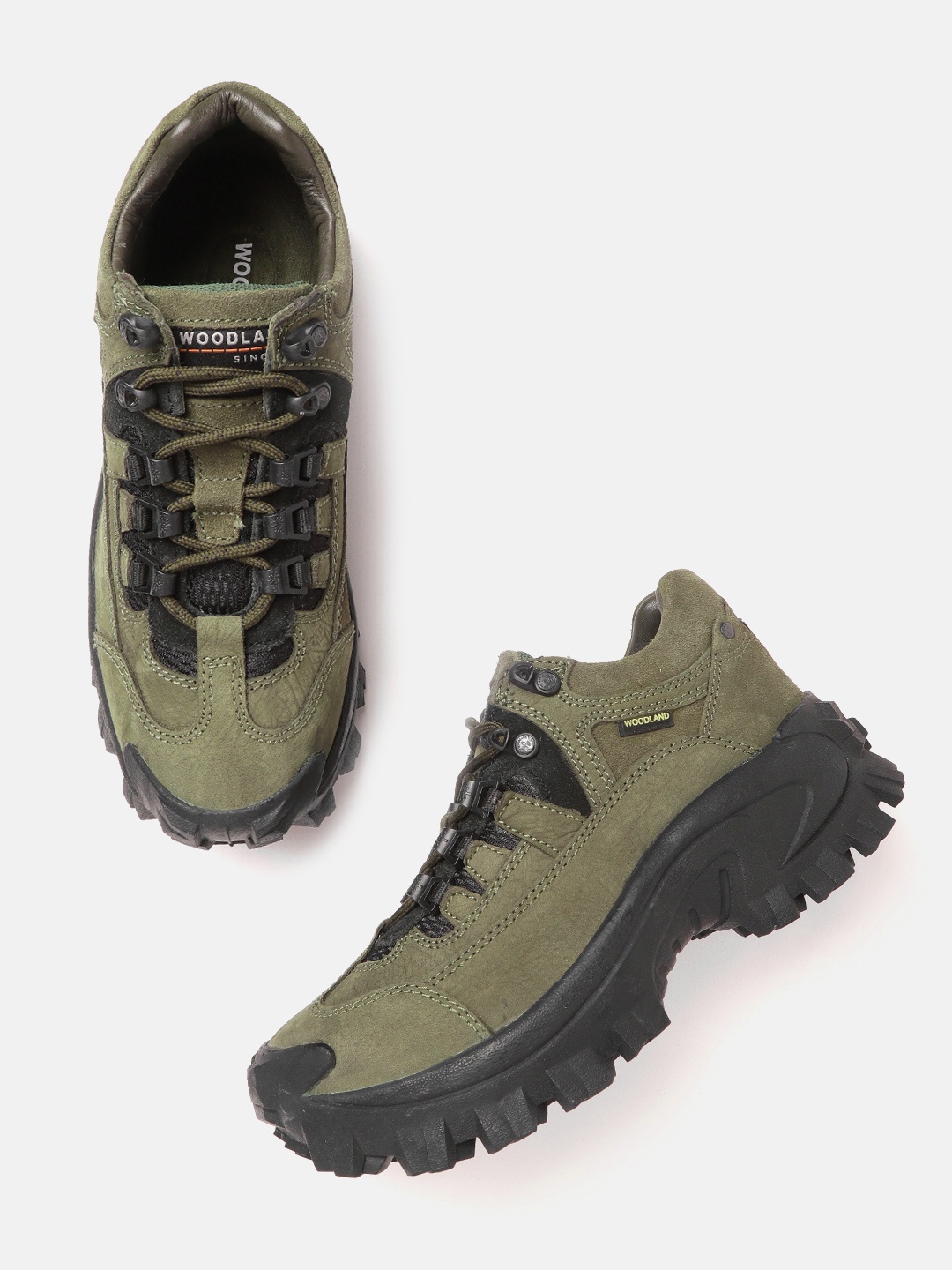 

Woodland Men Olive Green Solid Leather Sneakers