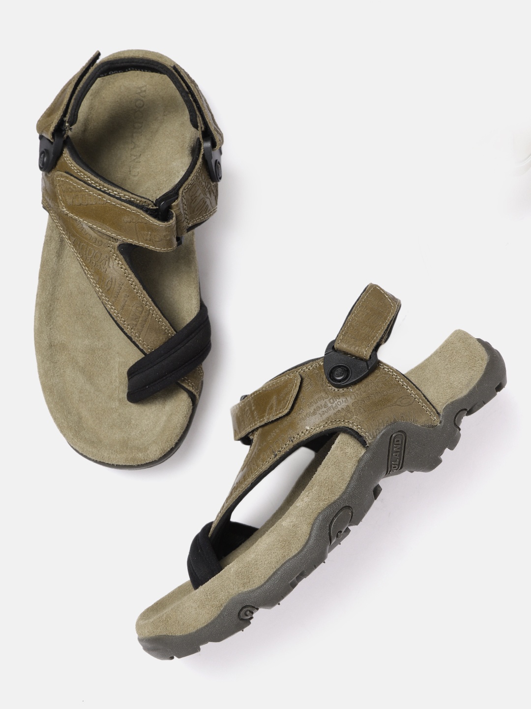 

Woodland Men Khaki & Black Brand Logo Textured Leather Comfort Sandals