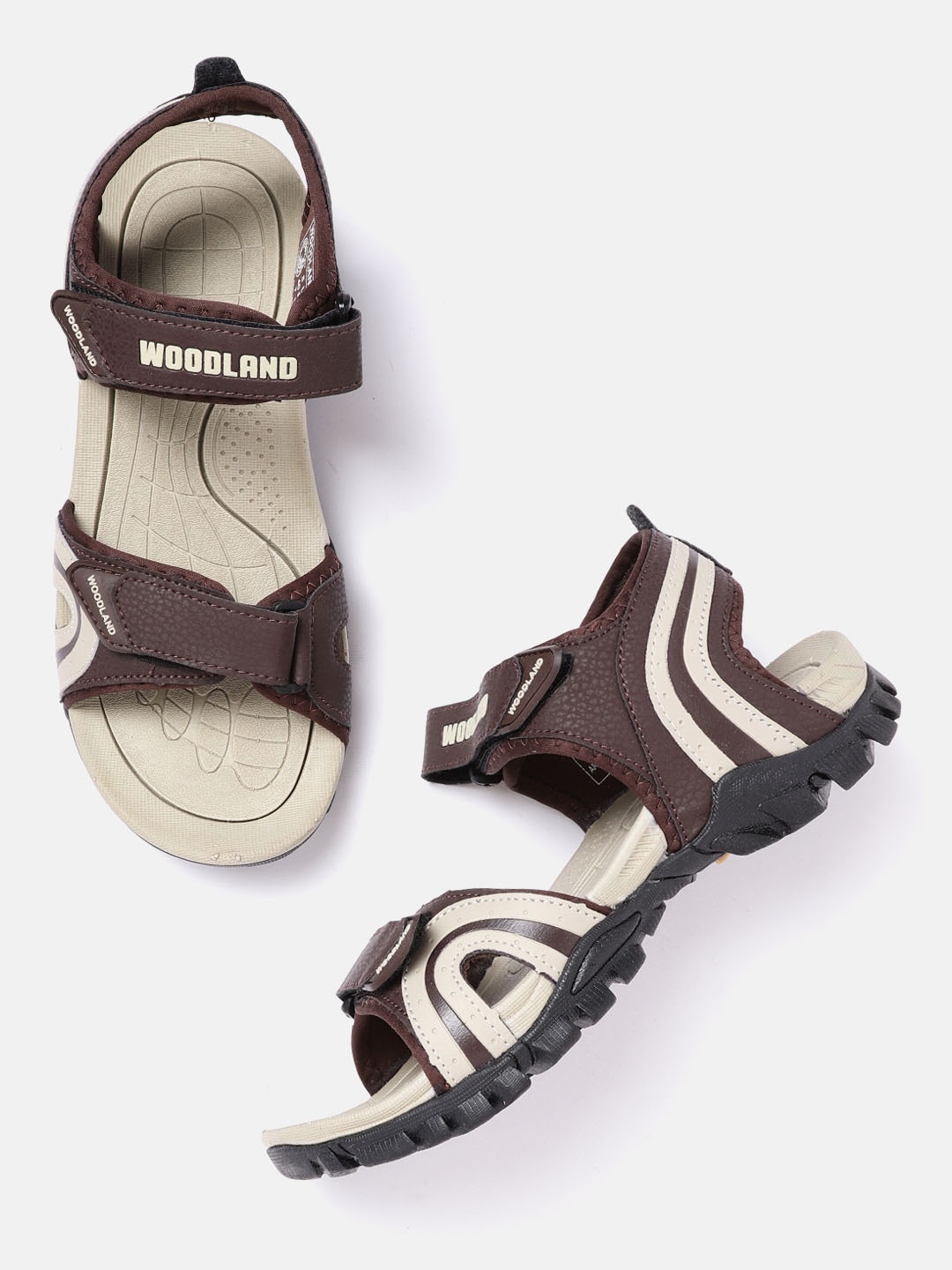 

Woodland Men Coffee Brown & Beige Striped & Perforated Detail Light Weight Sports Sandals