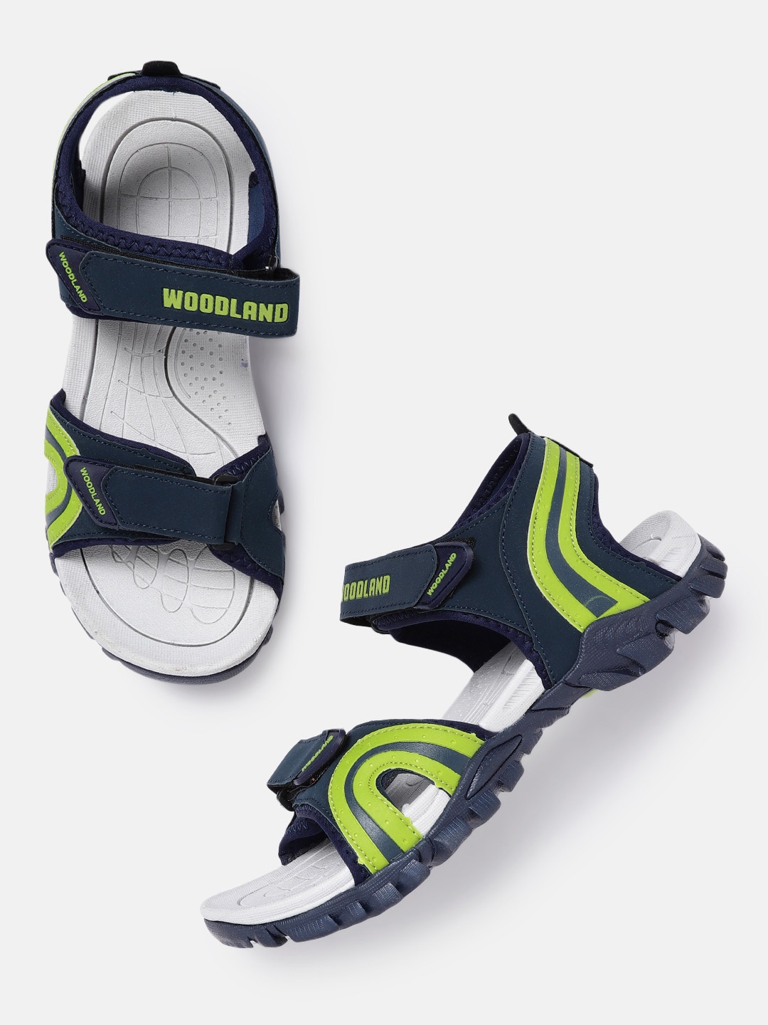 

Woodland Men Navy Blue & Fluorescent Green Striped Sports Sandal