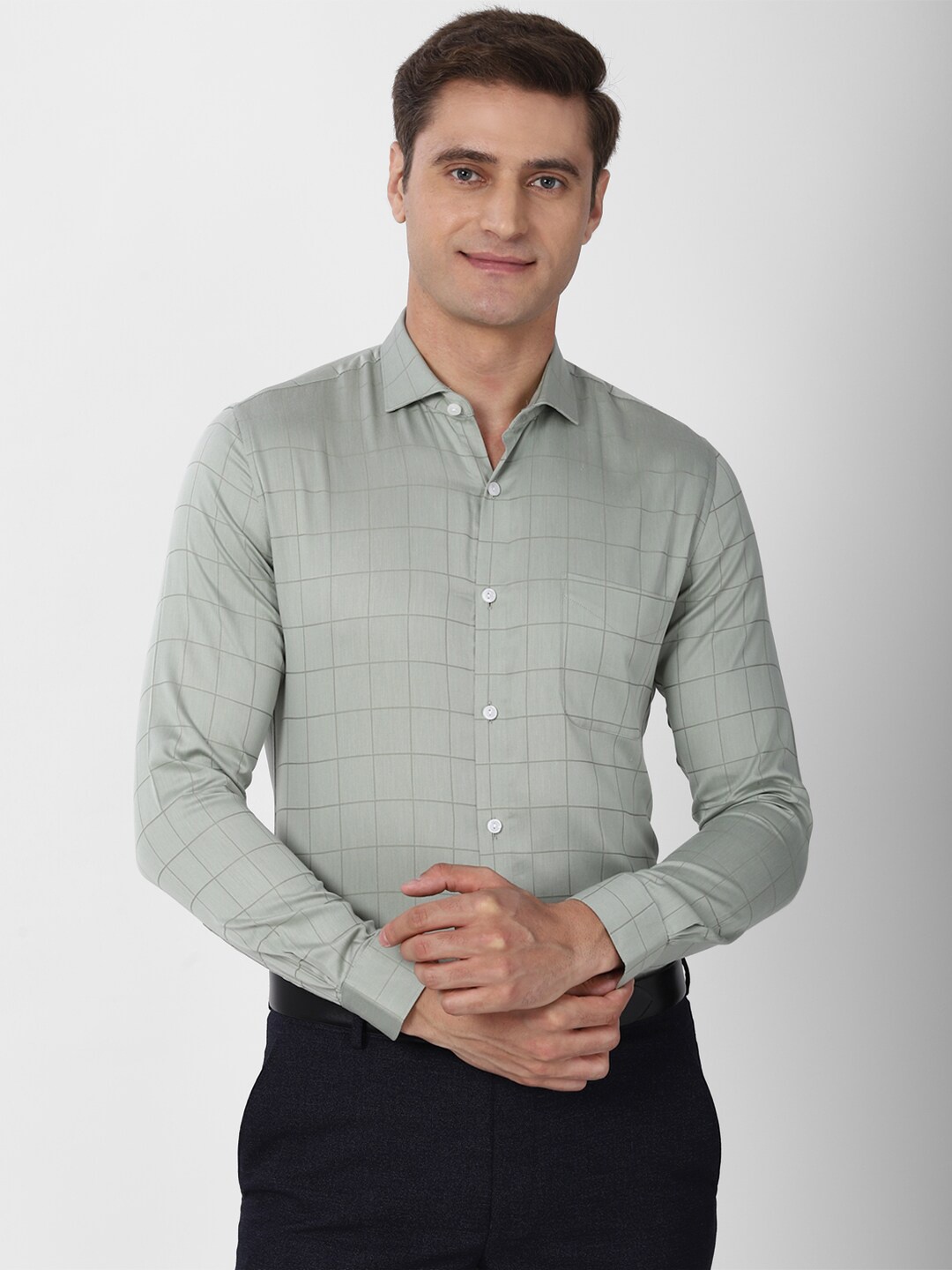 

Peter England Elite Men Grey Slim Fit Windowpane Checked Formal Shirt