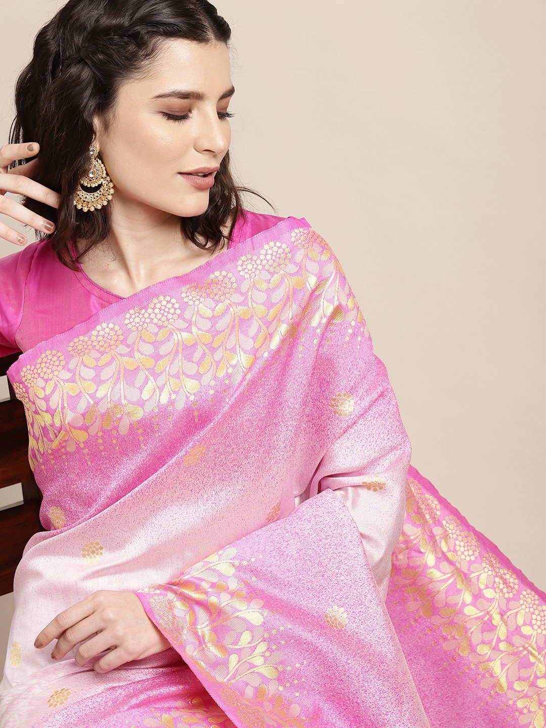 

DIVASTRI White & Pink Ombre Woven Design Banarasi Saree