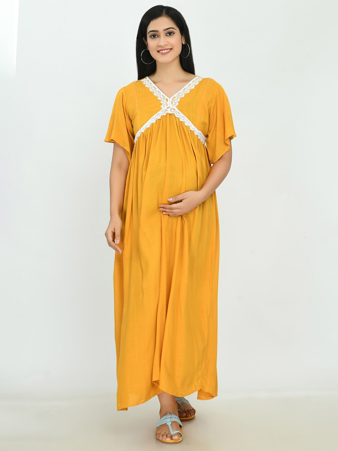 

MAFE Women Mustard Yellow Maternity Maxi Dress