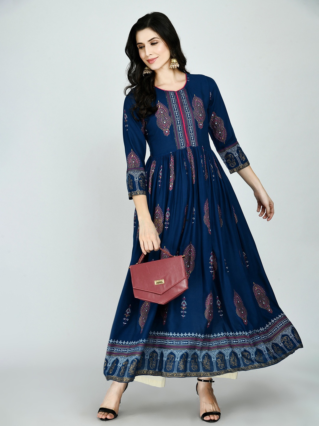 

MAFE Navy Woman Blue & Red Paisley Printed Pleated Anarkali Kurti, Navy blue