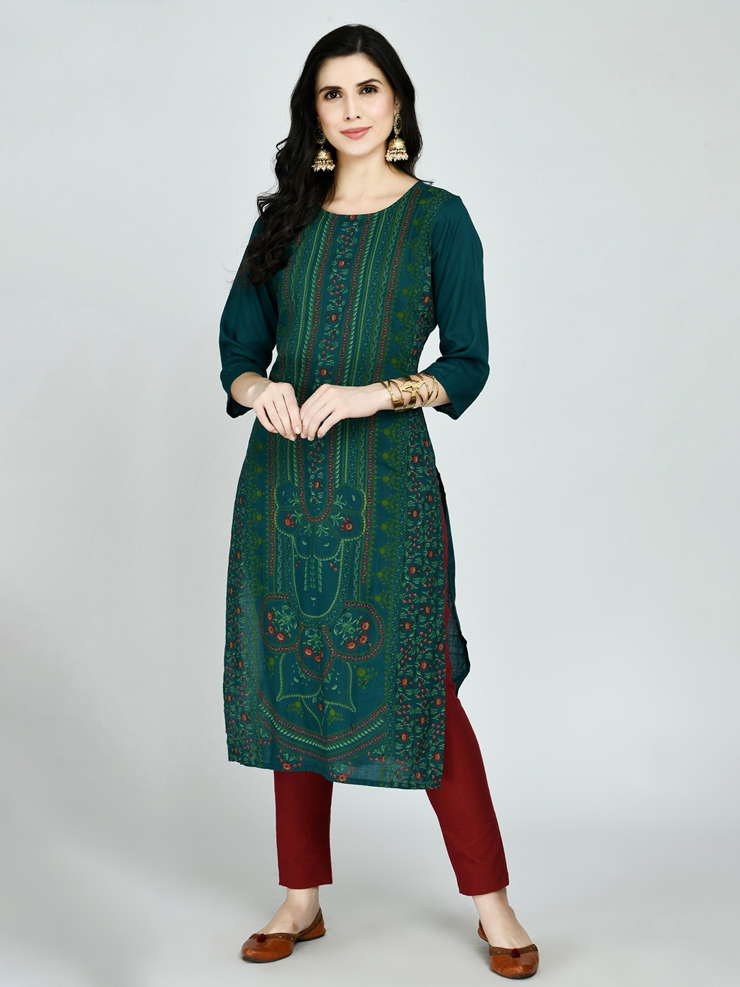 

MAFE Women Green & Red Ethnic Motifs Printed Kurta