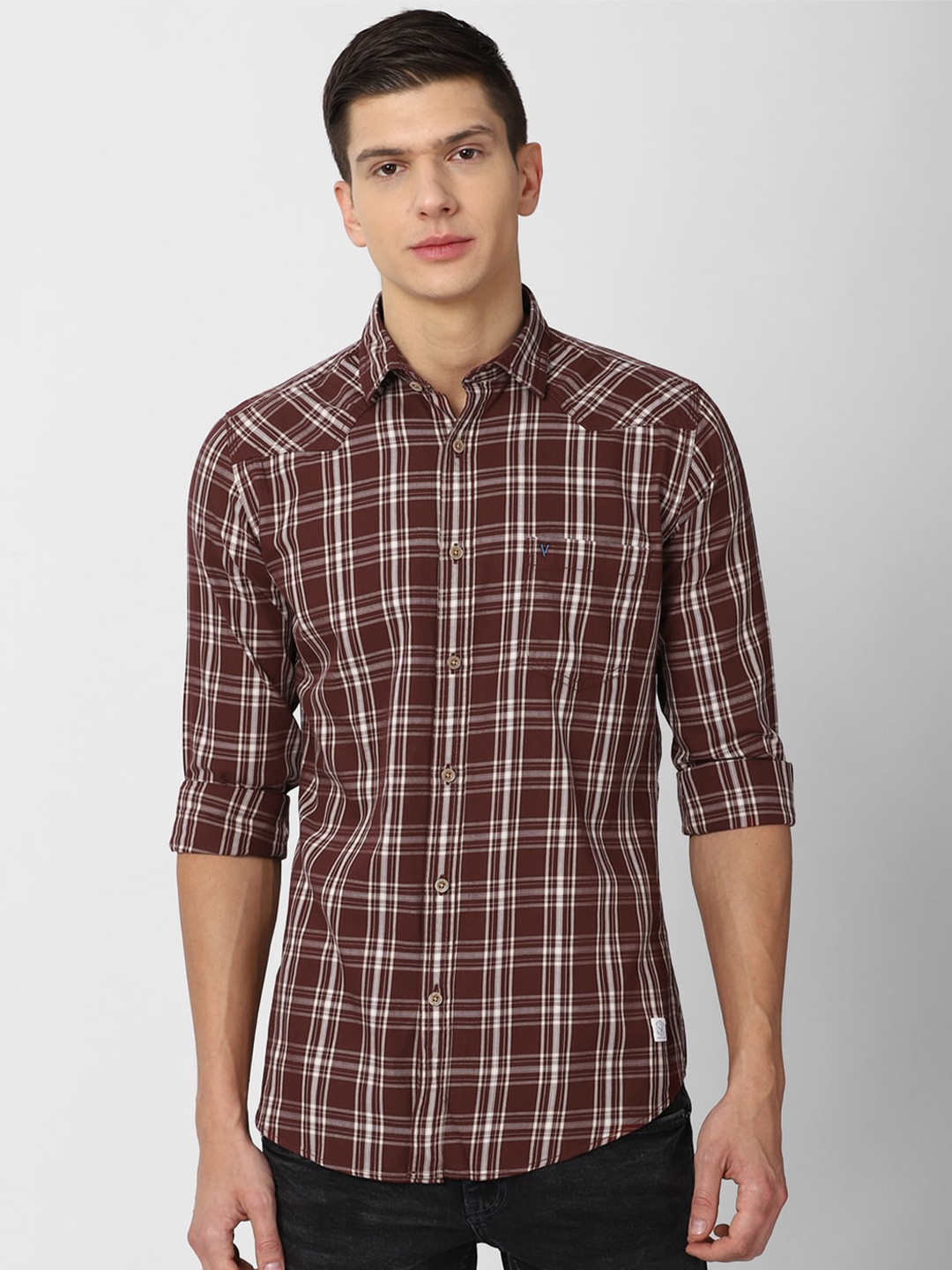 

VAN HEUSEN DENIM LABS Men Maroon Slim Fit Tartan Checked Casual Shirt