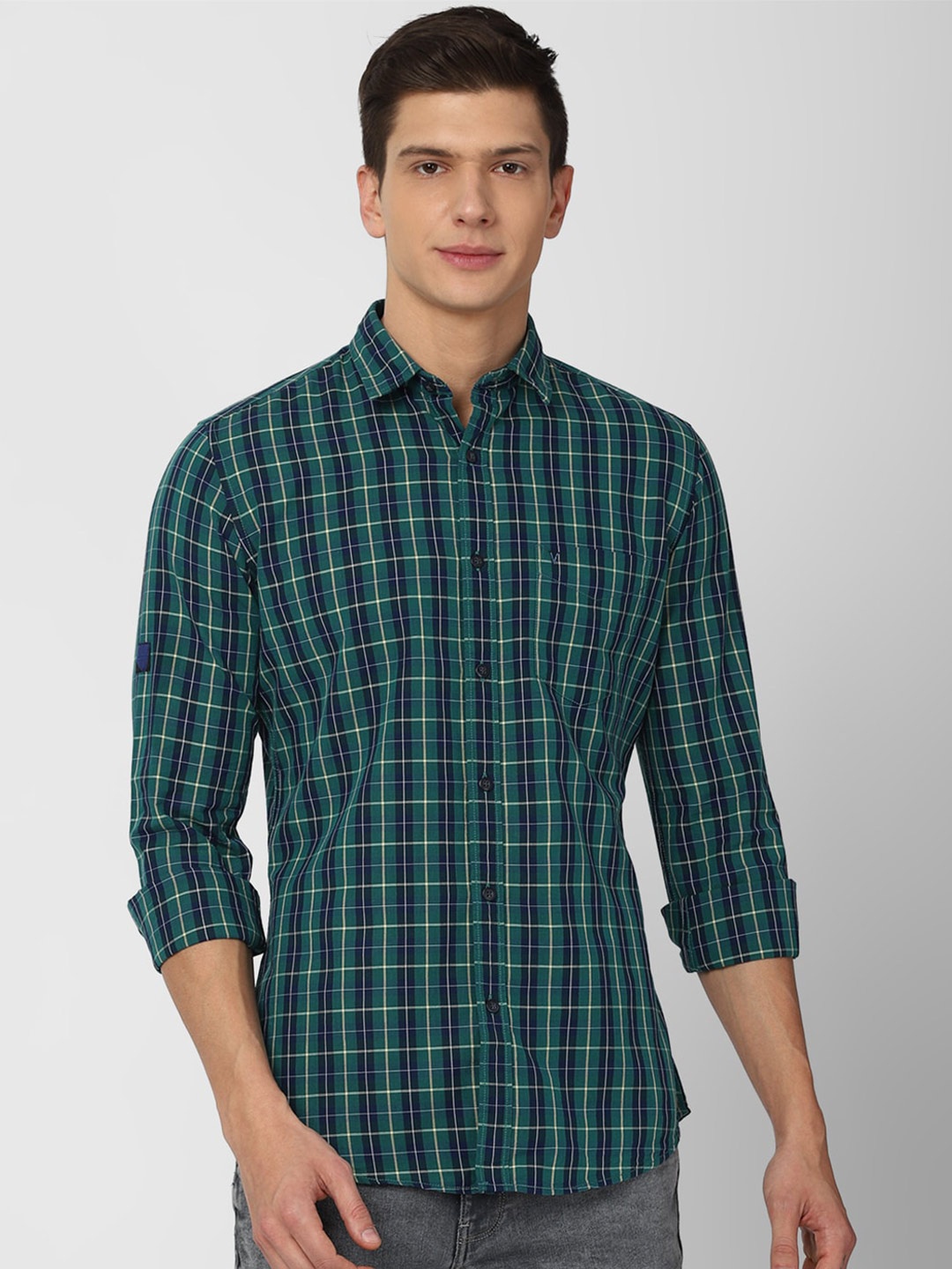 

VAN HEUSEN DENIM LABS Men Green Slim Fit Checked Casual Shirt
