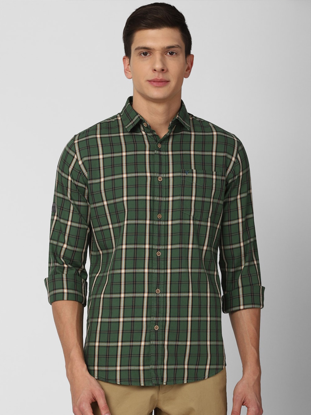 

VAN HEUSEN DENIM LABS Men Green Slim Fit Checked Pure Cotton Casual Shirt