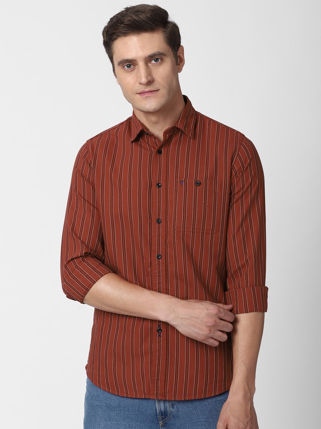 

VAN HEUSEN DENIM LABS Men Red Slim Fit Striped Cotton Casual Shirt