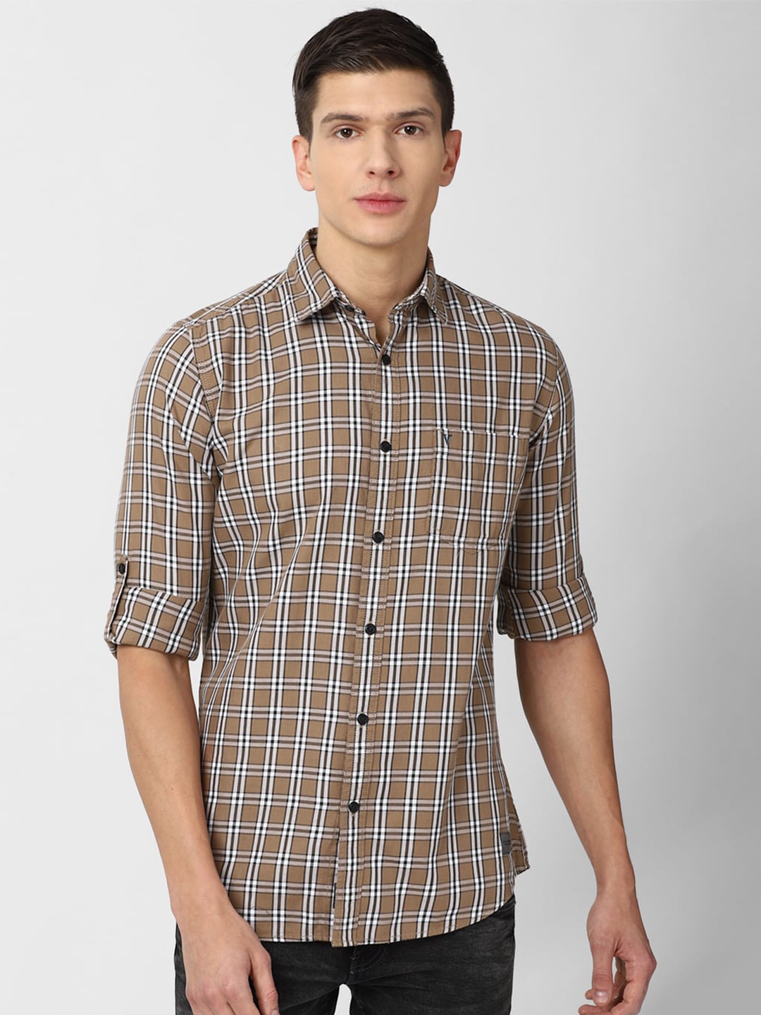 

VAN HEUSEN DENIM LABS Men Brown Slim Fit Tartan Checked Casual Shirt