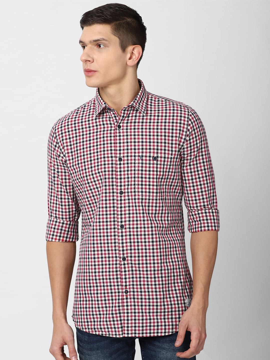 

VAN HEUSEN DENIM LABS Men Maroon Slim Fit Gingham Checked Cotton Casual Shirt