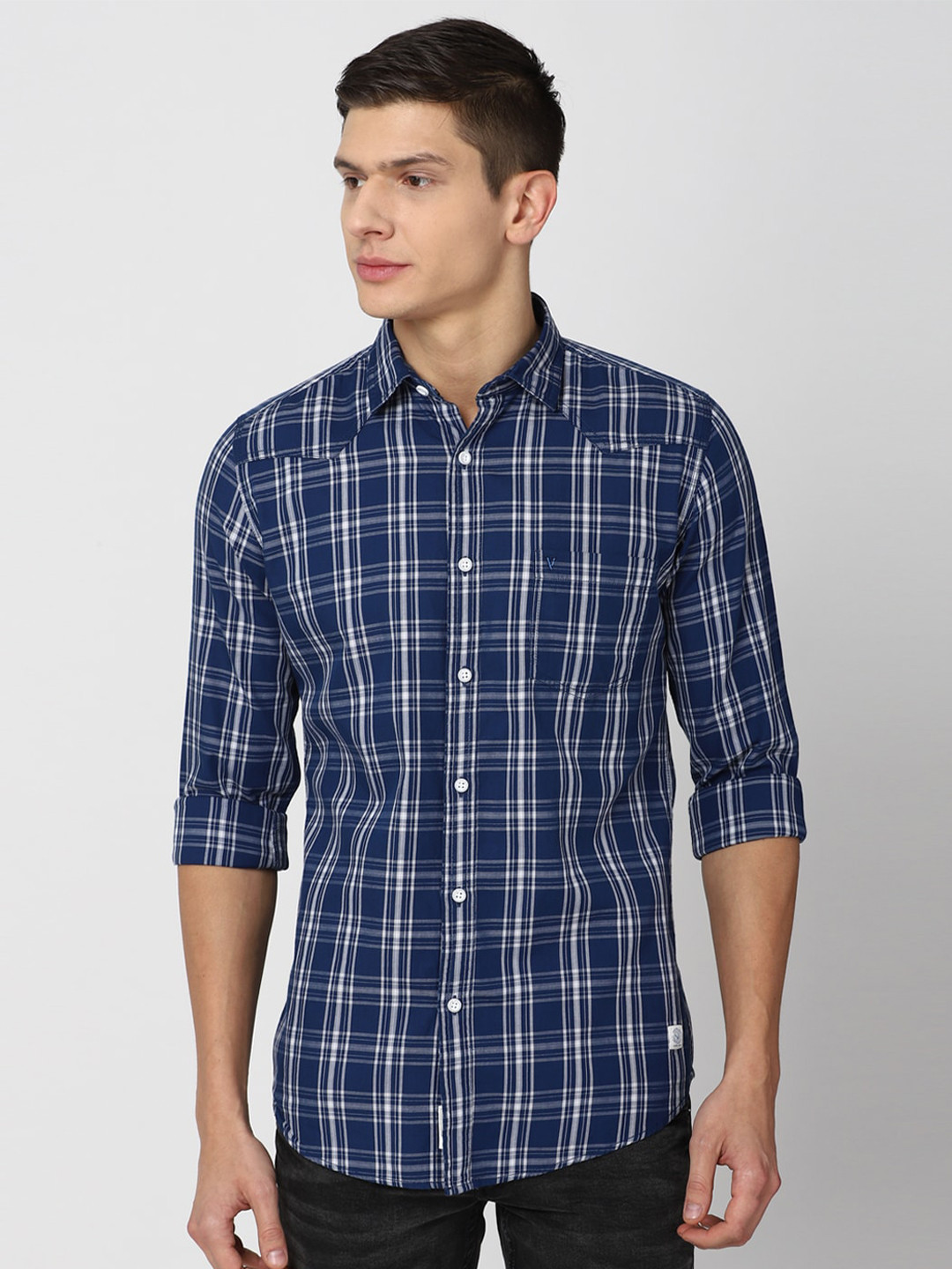

VAN HEUSEN DENIM LABS Men Blue Slim Fit Tartan Checked Casual Shirt