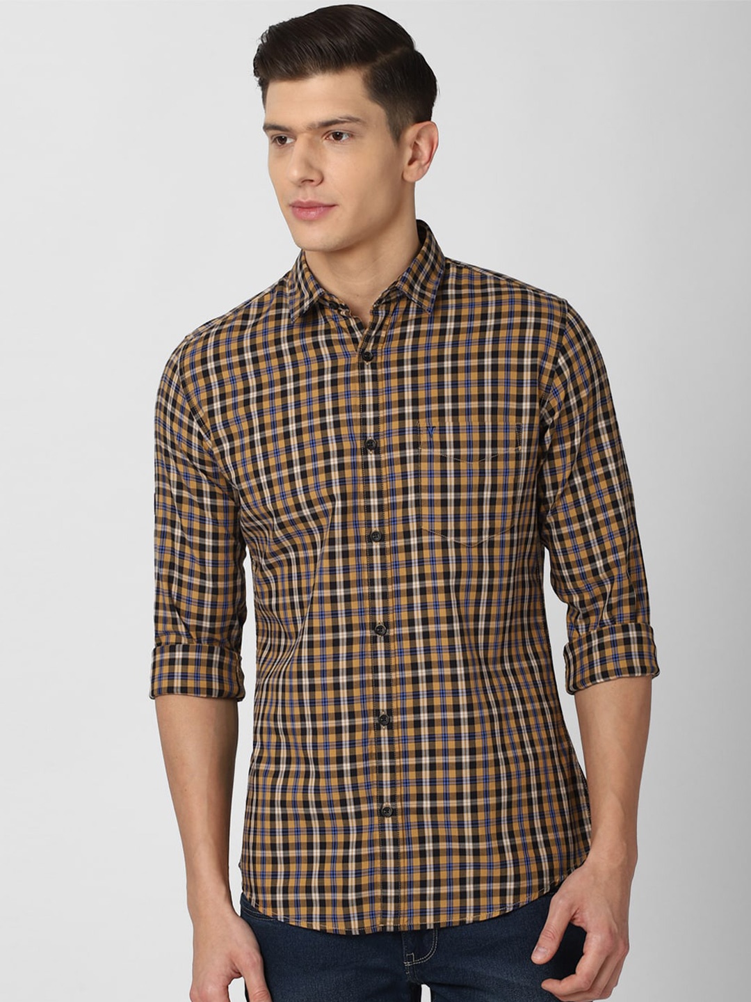 

VAN HEUSEN DENIM LABS Men Brown Slim Fit Checked Casual Shirt