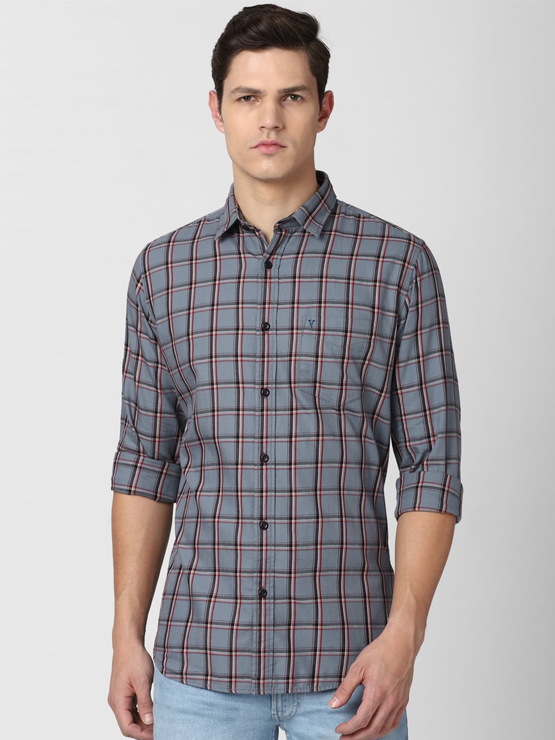 

VAN HEUSEN DENIM LABS Men Grey Slim Fit Checked Casual Shirt