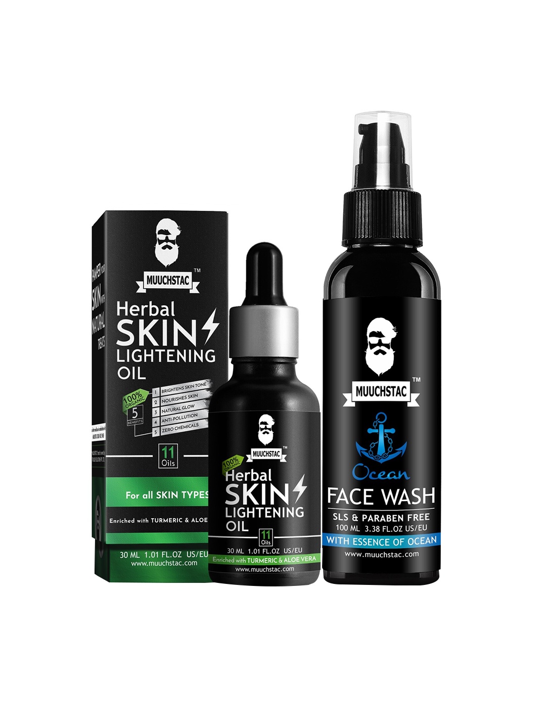 

MUUCHSTAC Set of Herbal Skin Lightening Oil 30 ml & Ocean Face Wash 100 ml, Black