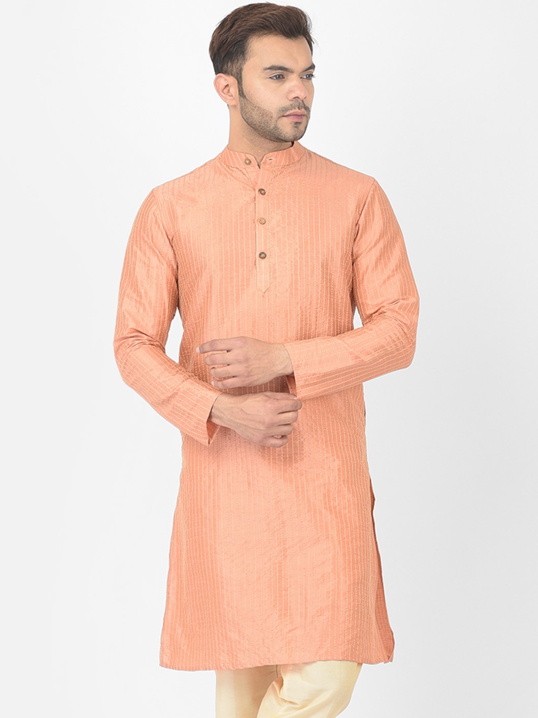 

DEYANN Men Peach-Coloured Thread Work Jacquard Kurta