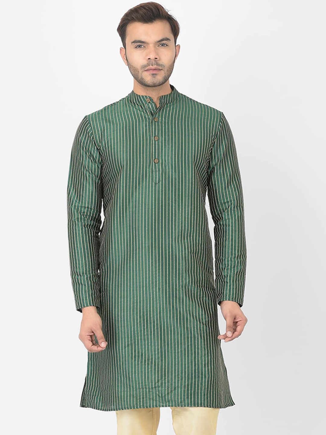 

DEYANN Men Green Striped Thread Work Jacquard Kurta