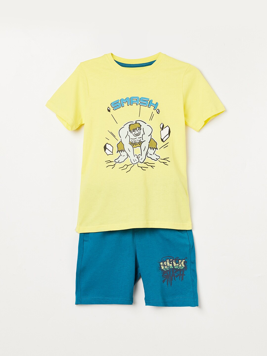 

Fame Forever by Lifestyle Boys Yellow & Blue Hulk Printed Pure Cotton T-shirt with Shorts