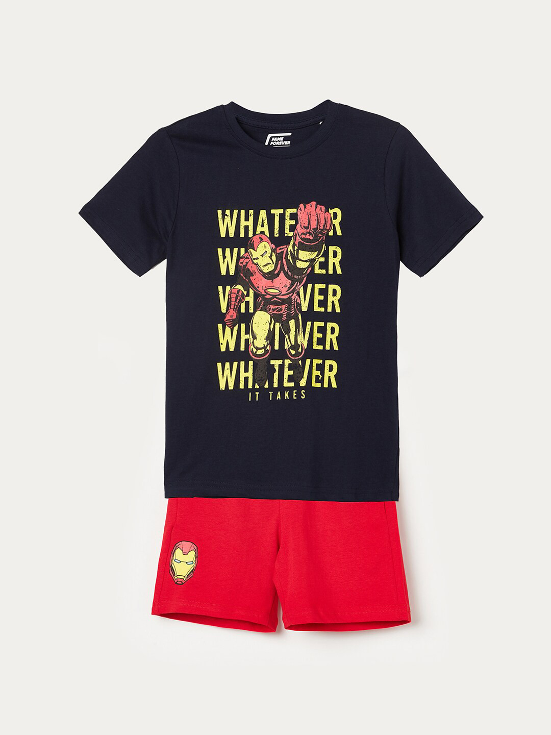 

Fame Forever by Lifestyle Boys Navy Marvel Pure Cotton Printed T-shirt with Shorts, Navy blue