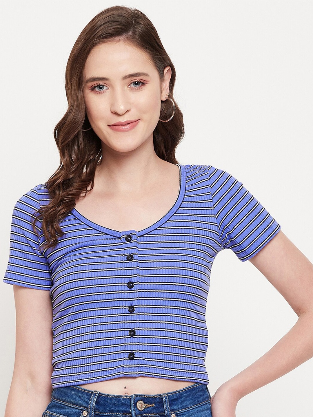 

Madame Women Navy Blue Striped Crop Top